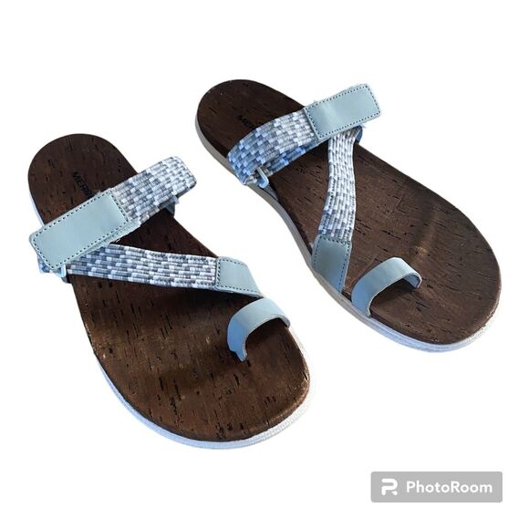Merrell Sandals Womens 10 Gray White Sunvue Slip On Toe Strap Lightweight Beach - Picture 1 of 14